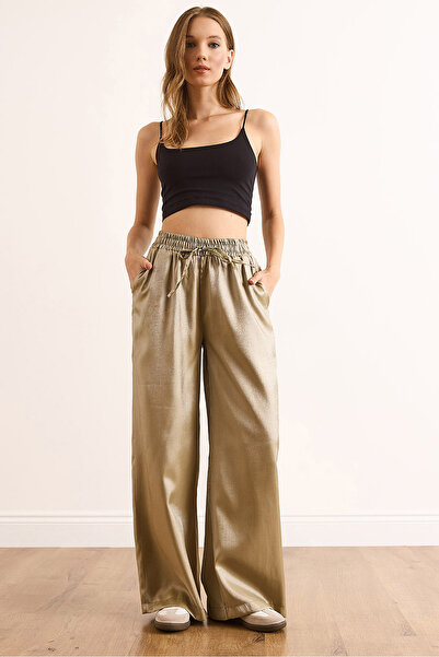 Olalook Women's Khaki Elastic Waist Pocketed Satin Trousers Pnt-19000364