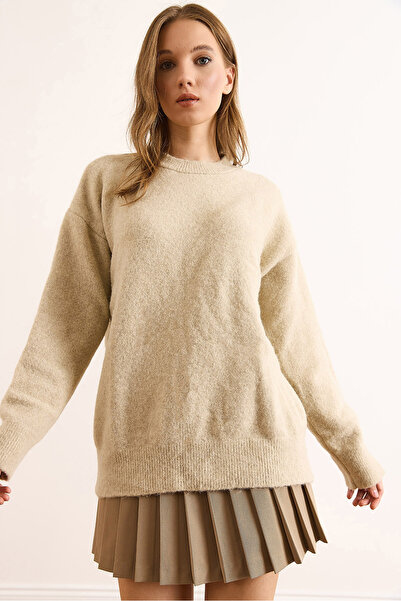 Olalook Women's Stone Crew Neck Soft Textured Relaxed Fit Sweater Kzk-19000992