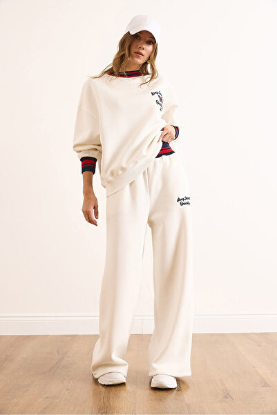 Olalook Women's White Stripe Detailed Embroidered Thick Tracksuit Set Etkm-0000086