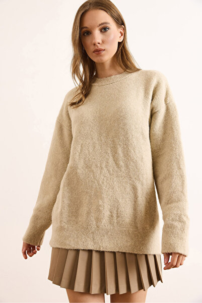 Olalook Women's Stone Crew Neck Soft Textured Relaxed Fit Sweater Kzk-19000992