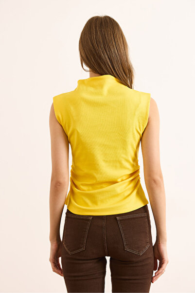 Olalook Women's Yellow Drape Detailed Stand Collar Interlock Crop Blouse Blz-19003107