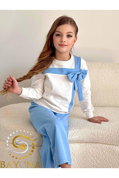 Bayona Set dublu pentru fetiță cu perle – Hanorac cu fundă tricou Pantaloni cu pietre