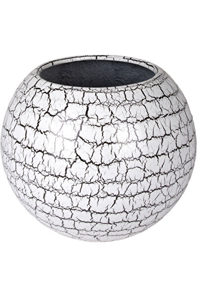 Herdekora Fiber Saksı Küre Beyaz Siyah Çatlak Model 42x34 Cm.