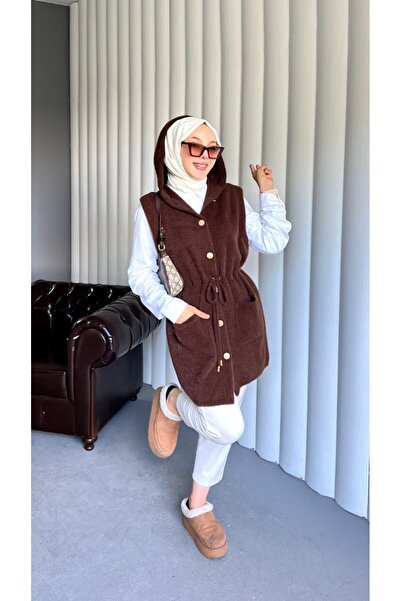 Viskosa Women's Hooded Buttoned Pocketed Knit Vest