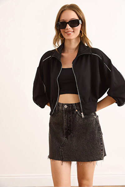 Olalook Women's Black Modal Piping Detailed Draped Zippered Sweatshirt Swt-19000739