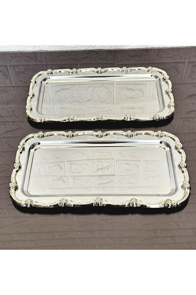 atabey home 2-Piece Full Silver Sunum Tray & Baton Cake Serving Steel Tray Cast Gold Frame 32 cm