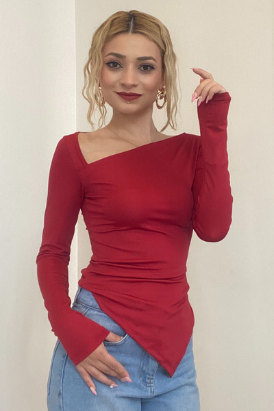 moddosa fashion Women's Asymmetrical Cut Slim Fit Full Lycra Body Blouse