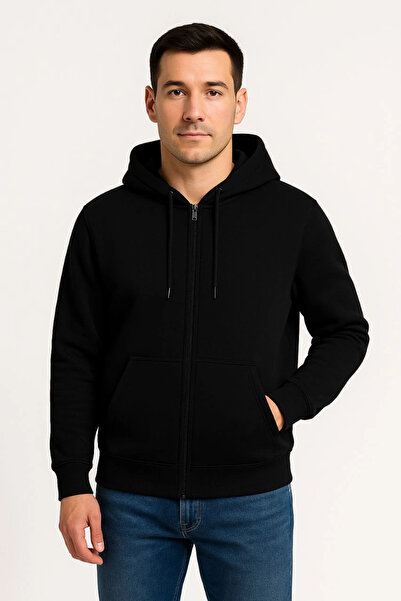 Genel Markalar Erkek Üç İplik Kapüşonlu Tam Fermuarlı Kanguru Çepli SweatShirt Hoodie - Siyah
