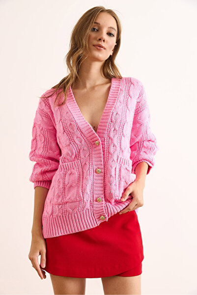 Olalook Women's Pink Gold Buttoned Pocketed Casual Knit Cardigan Hrk-19000392