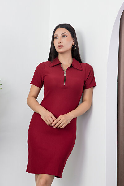 PULLIMM Yakalı Fermuarlı Kısa Kol Elbise ESP057