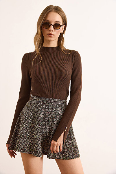 Olalook Women's Brown Stand Collar Cuff Slit Button Detailed Knitwear Sweater Kzk-19000995