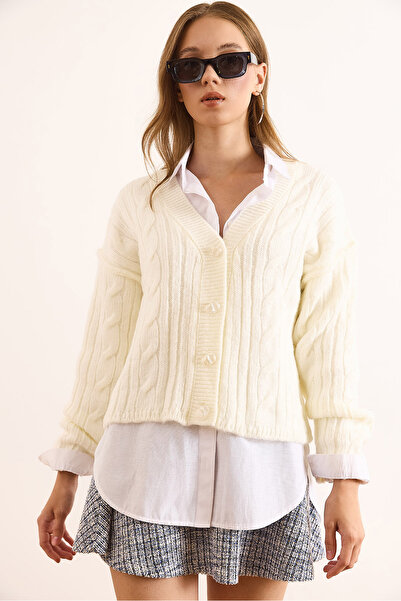 Olalook Women's Ecru 4-Button Braided Soft Textured Knit Cardigan Hrk-19000394