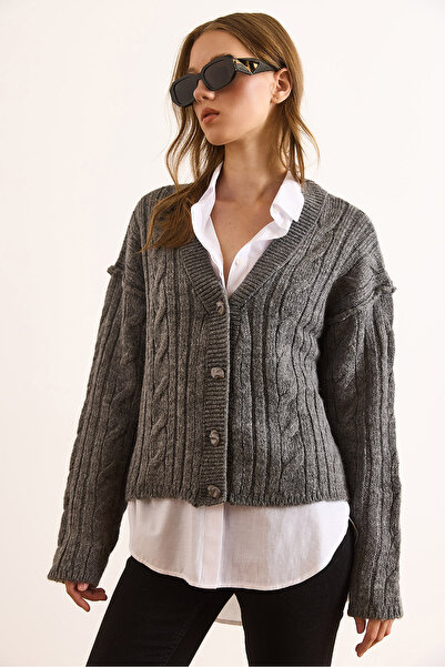 Olalook Women's Smoked 4-Button Hair Braided Soft Textured Knitwear Cardigan Hrk-19000394