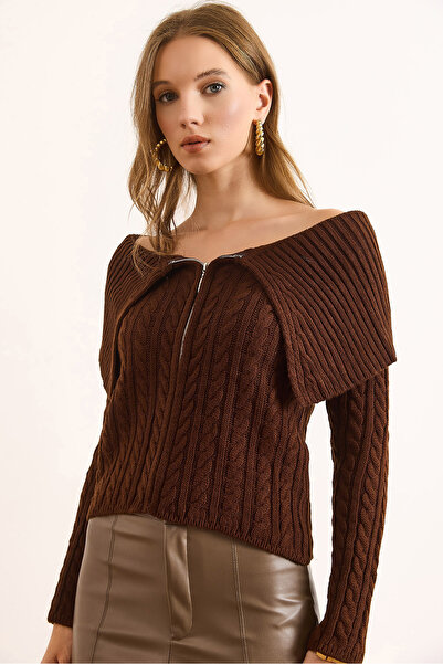 Olalook Γυναικεία καφέ μπλούζα με φερμουάρ με πλεκτό γιακά Madonna BLZ-19003105