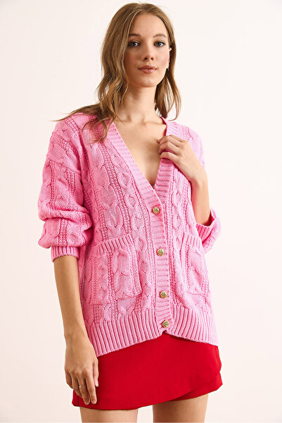 Olalook Women's Pink Gold Buttoned Pocketed Casual Knit Cardigan Hrk-19000392