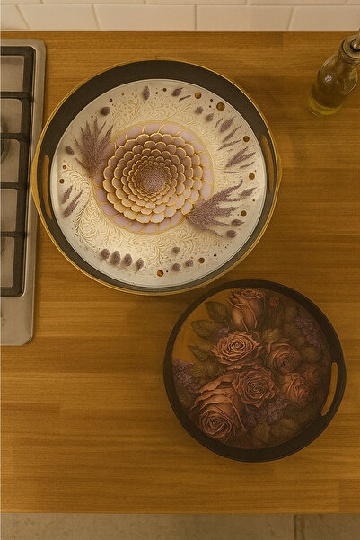 SİHİRLİ AYAKLAR Asorti Set of 2 Round Presentation Trays Stylish Decorative Serving Tray 28cm and 35cm