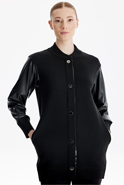 Genel Markalar Kolları Deri Garnili Triko Bomber Ceket SİYAH