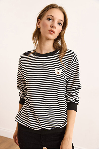 Olalook Kadın Siyah Ayıcık Aplike Çizgili Şardonsuz Kalın Sweatshirt SWT-19000745