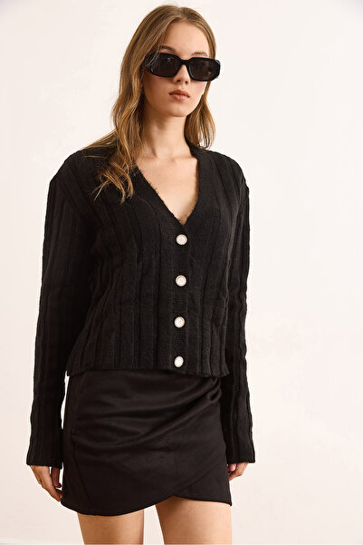 Olalook Women's Black Thick Ribbed Soft Textured Cardigan Hrk-19000385