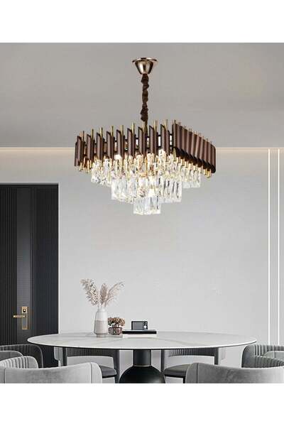 RFAN Chandelier, Model S9001/400x400, Crystal Texture, Metal, 5 X E27, Brown/Gold
