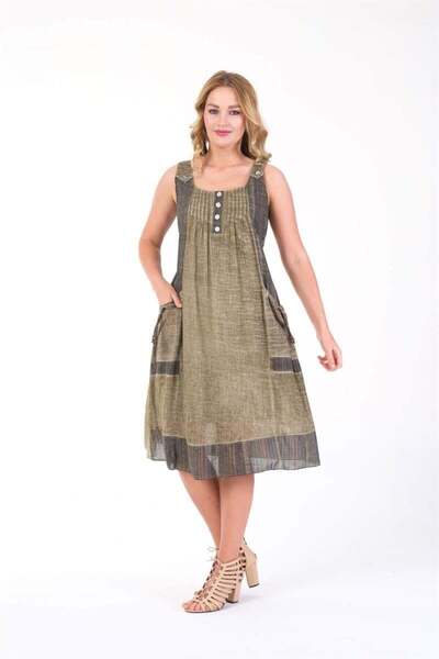 ERC 3864 Büyük Beden Kalın Askılı Cepli Pamuk Kadın Otantik Elbise