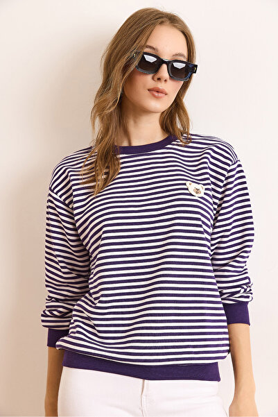 Olalook Kadın Mor Ayıcık Aplike Çizgili Şardonsuz Kalın Sweatshirt SWT-19000745