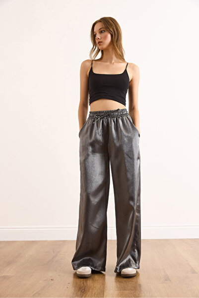 Olalook Kadın Antrasit Beli Lastikli Cepli Saten Pantolon PNT-19000364