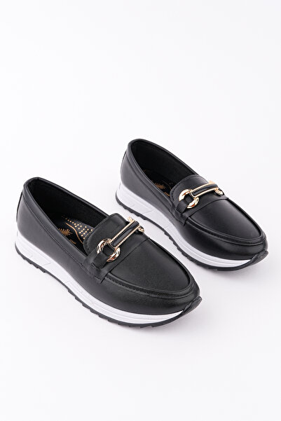 meyra'nın ayakkabıları Women's Black Leather Buckle Orthopedic Sole Ballerinas