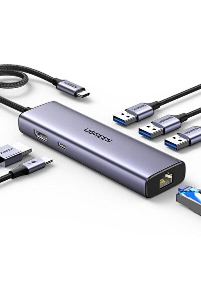 Ugreen موزع USB-C 6 في 1، 3 منافذ USB-A 3.0/USB-C 100 واط، PD/RJ45/4K HDMI - رمادي فضائي