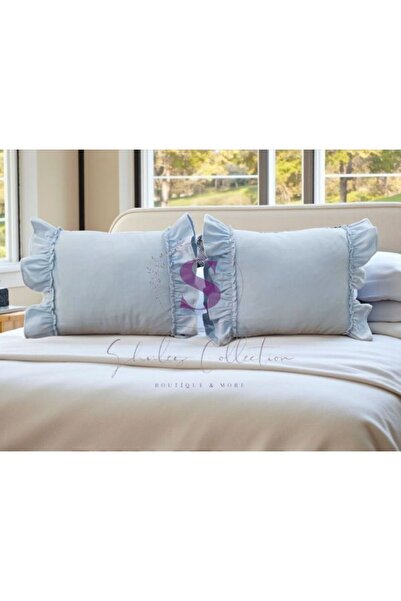 shules collection ΜΠΛΕ λινό μποέμικο βολάν Vintage Κάλυμμα μαξιλαριού ριχτάρι 2 τεμαχίων