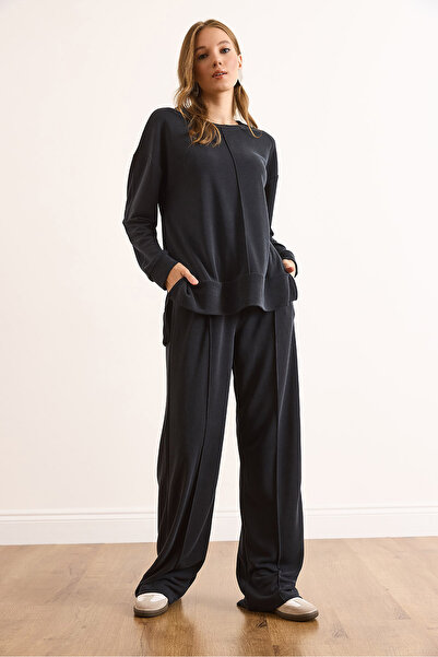 Olalook Women's Anthracite Modal Pique Soft Textured Flowy Top and Bottom Set Tkm-19000437