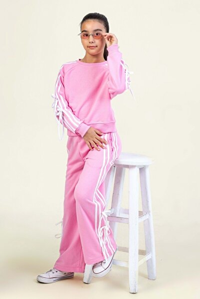 ww waka waka kids store Σετ αθλητικής φόρμας για κορίτσια με λεπτομέρεια ρίγες και κορδόνια, άνετη εφαρμογή, χρώμα μαύρο και ροζ