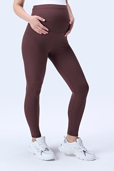 İmaj 371 Brown Color Corded Fabric Shaping / Sculpting and Extra Flexible Effective High Waist Maternity Leggings