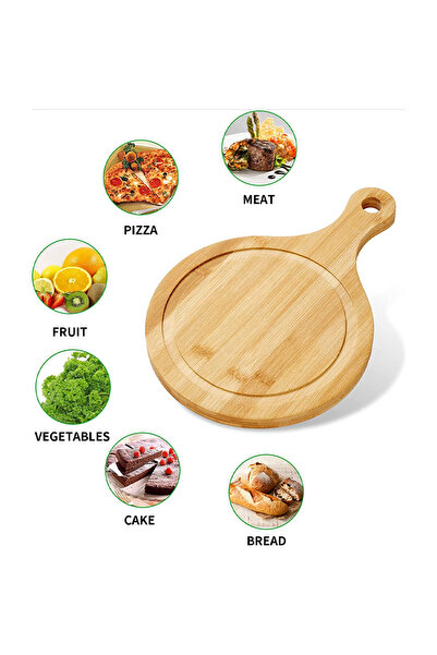 PUFO round bamboo wooden platter with handle for serving food, appetizers, pizza, 38 cm, brown