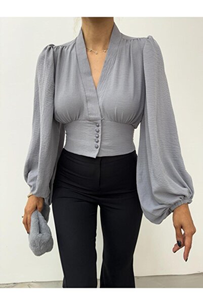 FASİON Μανίκια μπαλόνι με κουμπιά και ελαστική πλάτη Sandy Crop -Γκρι -ΣΥΛΛΟΓΗ