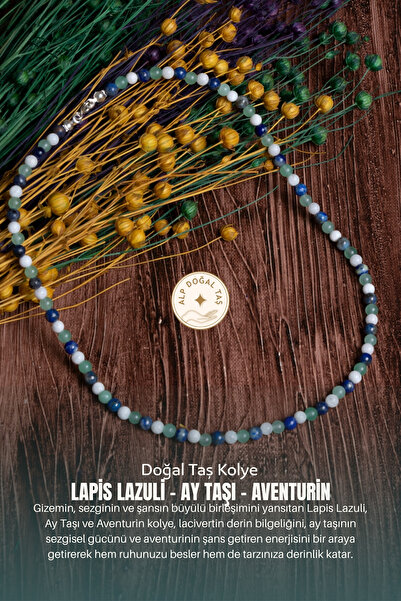 Alp Doğal Taş Sertifikalı Lapis Lazuli Ay Taşı Aventurin Doğal Taş Kolye
