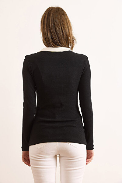 Olalook Women's Black White Color Block Polo Neck Cotton Stretchy Blouse Blz-19003104