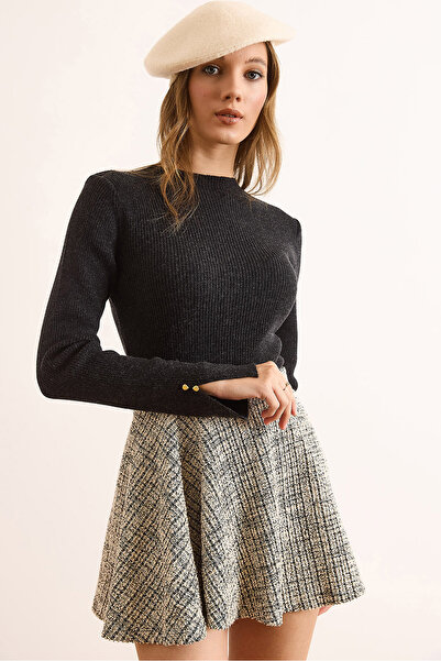 Olalook Women's Black Stand Collar Cuff Slit Button Detailed Knitwear Sweater Kzk-19000995