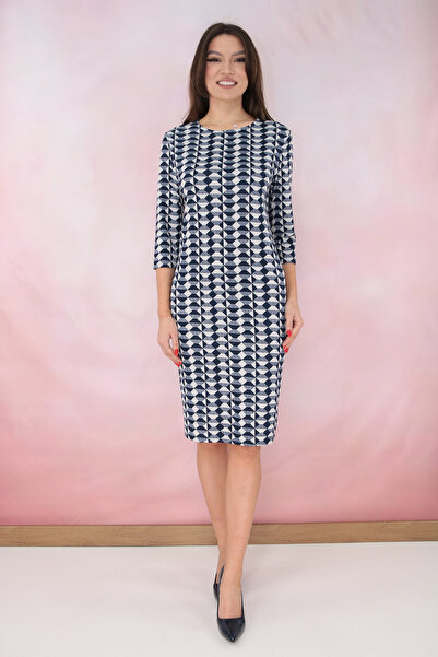 Trend Land Rochie dreapta cu model geometric bleumarin-alb