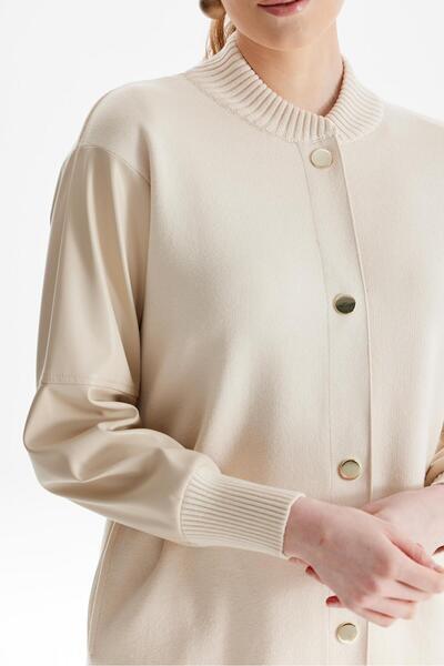 Tığ Triko Knitwear Bomber Jacket with Leather Trim on the Sleeves Beige