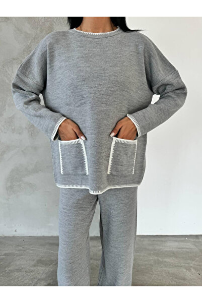 Bliss Women's Double Pocket Stitching Detailed Knitwear Set Comfortable Fit Bottom Top Knitwear Set