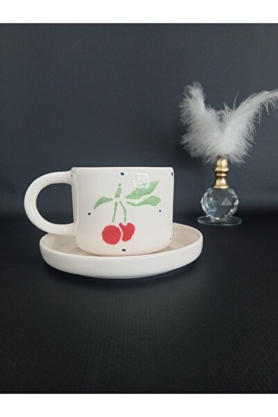 Zümrüdüanka Seramik Cherry Season Patterned Handmade Ceramic Coffee Cup