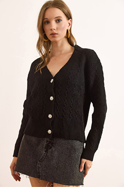 Olalook Women's Black Wave Detailed Soft Textured Cardigan Hrk-19000386