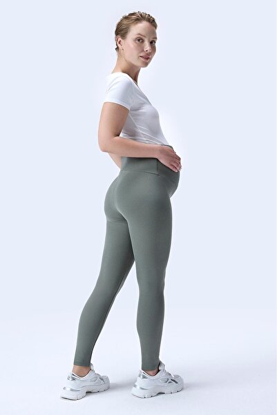 İmaj 371 Green Color Corded Fabric Shaping / Sculpting and Extra Flexible Effective High Waist Maternity Leggings