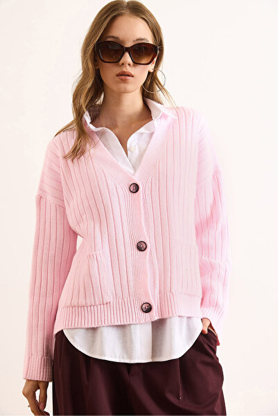 Olalook Women's Pink Pocketed Thick Ribbed Soft Textured Knit Cardigan Hrk-19000390