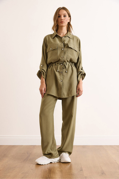 Olalook Women's Khaki Lyocell Top and Bottom Flowy Set Tkm-19000439