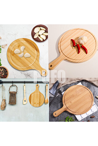 PUFO round bamboo wooden platter with handle for serving food, appetizers, pizza, 38 cm, brown
