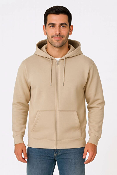 Genel satış Men's Three Thread Hooded Full Zipper Kangaroo Pocket Sweatshirt ...