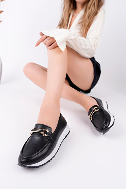 meyra'nın ayakkabıları Women's Black Leather Buckle Orthopedic Sole Ballerinas