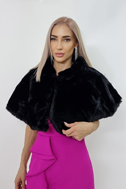 FashionForYou Savina bolero cape, made of organic fur, with high collar, Black